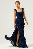 Dark Navy Square Neck A-Line Tiered Chiffon Bridesmaid Dress with Slit