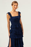 Dark Navy Square Neck A-Line Tiered Chiffon Bridesmaid Dress with Slit