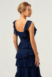 Dark Navy Square Neck A-Line Tiered Chiffon Bridesmaid Dress with Slit