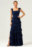 Dark Navy A-Line Tiered Chiffon Long Bridesmaid Dress