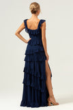 Dark Navy A-Line Tiered Chiffon Long Bridesmaid Dress