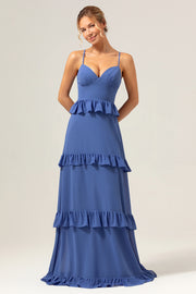 Dark Blue Spaghetti Straps Tiered A-Line Chiffon Bridesmaid Dress