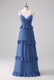 Dark Blue Spaghetti Straps Corset Tiered Bridesmaid Dress