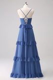 Dark Blue Spaghetti Straps Corset Tiered Bridesmaid Dress