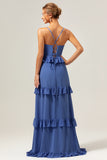 Dark Blue Spaghetti Straps Tiered A-Line Chiffon Bridesmaid Dress