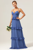 Dark Blue Spaghetti Straps Tiered A-Line Chiffon Bridesmaid Dress