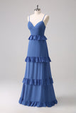 Dark Blue Spaghetti Straps Corset Tiered Bridesmaid Dress