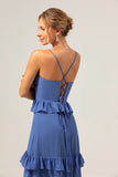 Dark Blue Spaghetti Straps Tiered A-Line Chiffon Bridesmaid Dress