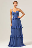 Dark Blue Spaghetti Straps Tiered A-Line Chiffon Bridesmaid Dress