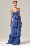 Dark Blue Spaghetti Straps Tiered A-Line Chiffon Bridesmaid Dress