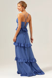 Dark Blue Spaghetti Straps Tiered A-Line Chiffon Bridesmaid Dress