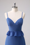 Dark Blue Spaghetti Straps Corset Tiered Bridesmaid Dress