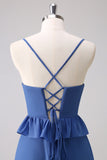 Dark Blue Spaghetti Straps Corset Tiered Bridesmaid Dress