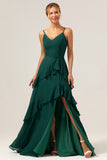 Dark Green Spaghetti Straps V Neck Ruffled Bridesmaid Dress with Slit