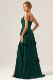 Dark Green Spaghetti Straps V Neck Ruffled Bridesmaid Dress with Slit