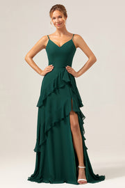 Dark Green Spaghetti Straps V Neck Ruffled Bridesmaid Dress with Slit