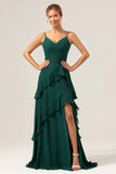 Dark Green Spaghetti Straps V Neck Ruffled Bridesmaid Dress with Slit