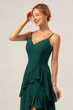 Dark Green Spaghetti Straps V Neck Ruffled Bridesmaid Dress with Slit