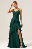 Dark Green Spaghetti Straps V Neck Ruffled Bridesmaid Dress with Slit