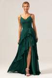 Dark Green Spaghetti Straps V Neck Ruffled Bridesmaid Dress with Slit