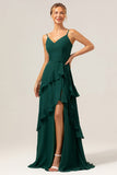 Dark Green Spaghetti Straps V Neck Ruffled Bridesmaid Dress with Slit