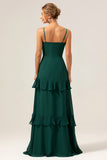 Dark Green Spaghetti Straps V Neck Ruffled Bridesmaid Dress with Slit