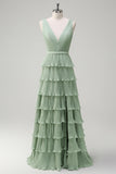 Dusty Sage V-Neck Tiered A-Line Bridesmaid Dress with Slit