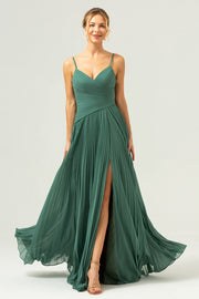 Eucalyptus Spaghetti Straps Pleated Chiffon A-Line Bridesmaid Dress with Slit