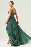 Eucalyptus Spaghetti Straps Pleated Chiffon A-Line Bridesmaid Dress with Slit