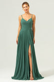 Eucalyptus Spaghetti Straps Pleated Chiffon A-Line Bridesmaid Dress with Slit