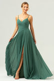 Eucalyptus Spaghetti Straps Pleated Chiffon A-Line Bridesmaid Dress with Slit