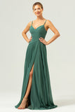 Eucalyptus Spaghetti Straps Pleated Chiffon A-Line Bridesmaid Dress with Slit