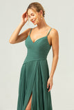 Eucalyptus Spaghetti Straps Pleated Chiffon A-Line Bridesmaid Dress with Slit