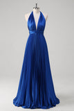 Royal Blue Halter Pleated Backless A-Line Bridesmaid Dress