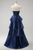 Dark Navy A Line Pleated Strapless Tiered Satin Bridesmaid Dress