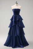 Dark Navy A Line Pleated Strapless Tiered Satin Bridesmaid Dress