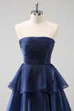 Dark Navy A Line Strapless Tiered Satin Long Bridesmaid Dress