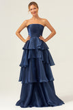 Dark Navy A Line Pleated Strapless Tiered Satin Bridesmaid Dress