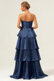 Dark Navy A Line Pleated Strapless Tiered Satin Bridesmaid Dress