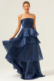 Dark Navy A Line Pleated Strapless Tiered Satin Bridesmaid Dress