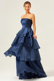 Dark Navy A Line Pleated Strapless Tiered Satin Bridesmaid Dress