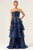 Dark Navy A Line Pleated Strapless Tiered Satin Bridesmaid Dress