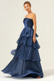 Dark Navy A Line Pleated Strapless Tiered Satin Bridesmaid Dress