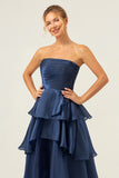 Dark Navy A Line Pleated Strapless Tiered Satin Bridesmaid Dress