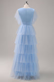 Grey Blue Ruffles Tiered A-Line Tulle Bridesmaid Dress with Slit