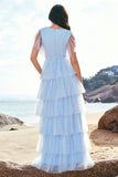 Grey Blue Ruffles Tiered A-Line Tulle Bridesmaid Dress with Slit