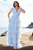 Grey Blue Ruffles Tiered A-Line Tulle Bridesmaid Dress with Slit