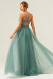 Eucalyptus Spaghetti Straps Empire Waist A-Line Tulle Bridesmaid Dress