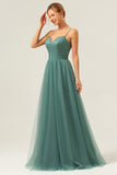 Eucalyptus Spaghetti Straps Empire Waist A-Line Tulle Bridesmaid Dress