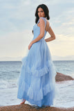 Grey Blue Corset Tiered Tulle A-Line Bridesmaid Dress